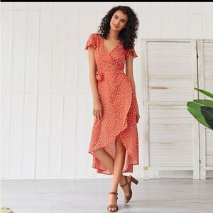 LA ROS NWOT Women's Swing Dress Midi Dress Orange Short Sleeve Polka Dot Ruffle